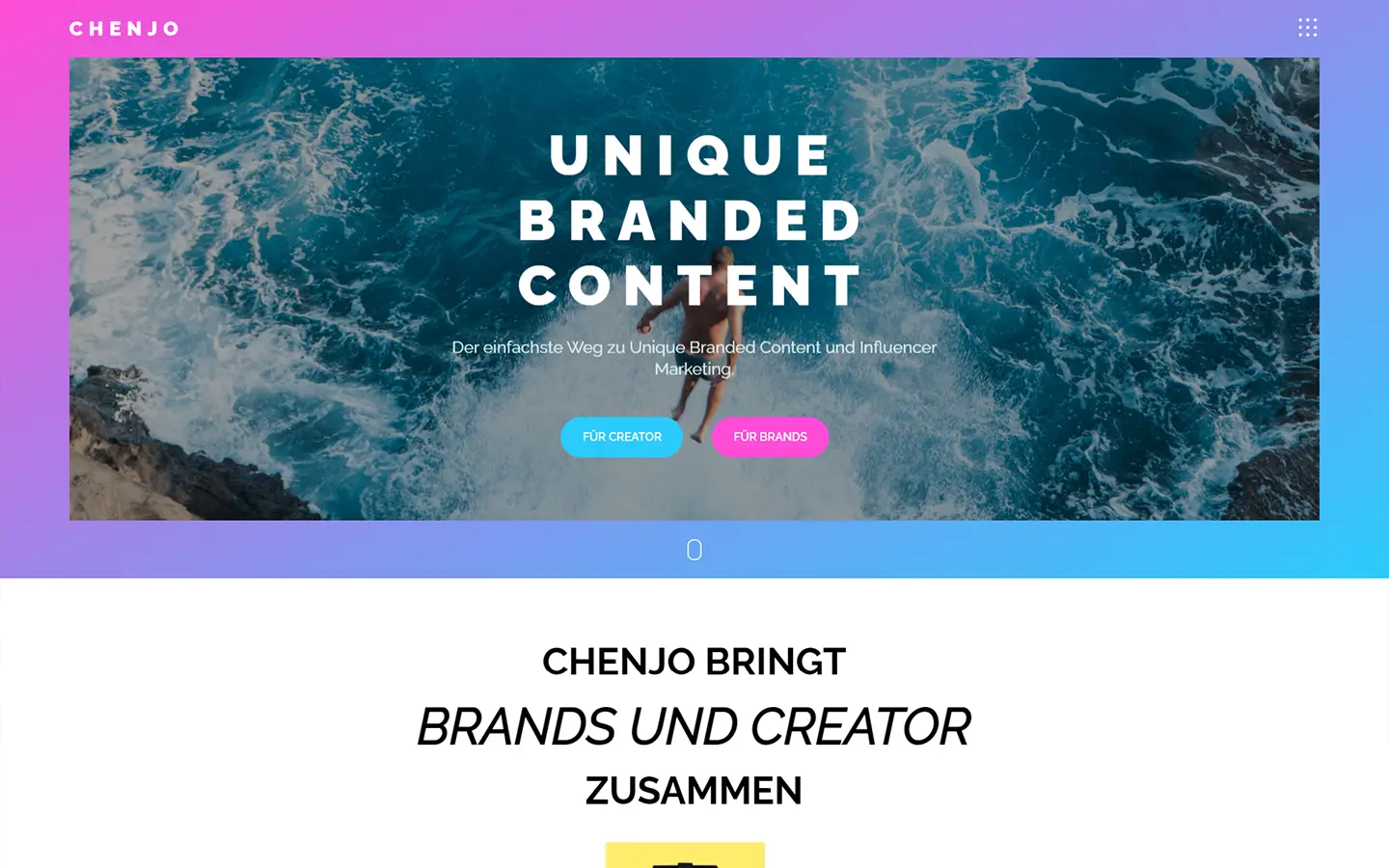 Homepage of "CHENJO". Shown is a picture of a person jumping from a cliff into water. On top of it you can read "Unique branded content"