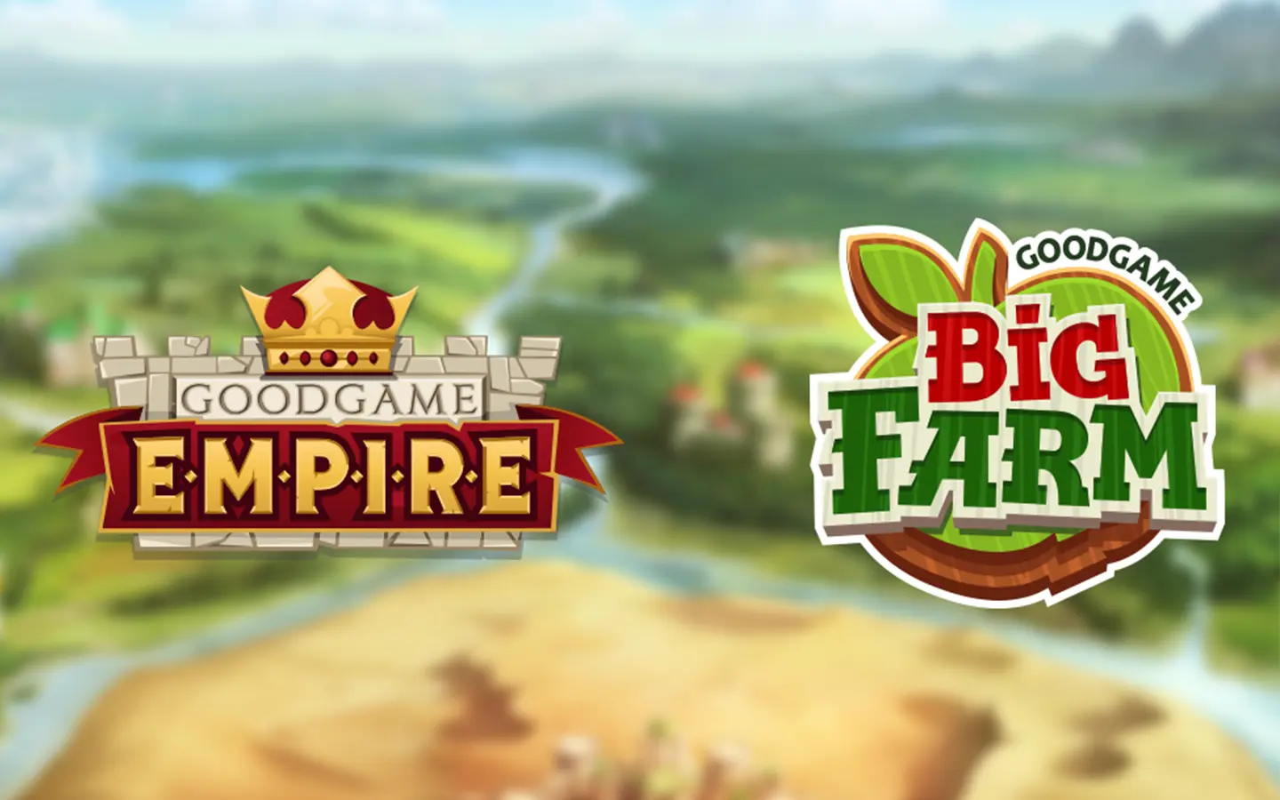 Logos of "goodgame empire" and "goodgame big farm" laid over a blurred background of a landscape.