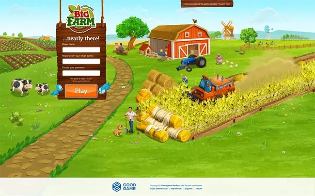 goodgame bigfarm landingpage. a farm with cows and a tractor with a form field above it.