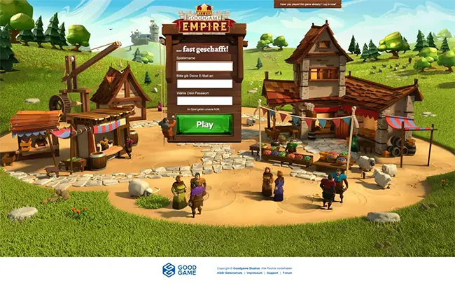 goodgame empire landing page. 3d model of a village with a form field floating above it.