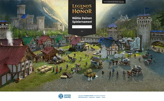 legends of honor landingpage. a medieval castle square with a form field above it.